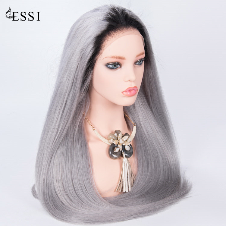 Ombre dark roots silver glueless full lace wig 28 inch long hair 100% human hair